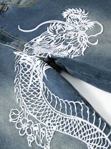 ROMWE MEN Anime Men's Washed Dragon Pattern Embroidered Denim Jeans - Blue - View 6