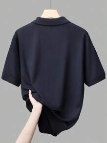 Manfinity Homme Men's Knit Short Sleeve Button Half-Placket Summer T-Shirt Top - Navy Blue - View 2