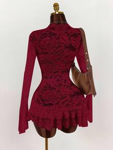 Amplova Deep V Neck Burgundy Mini Dress With All Over Lace And Long Flare Sleeves,Party Dress
