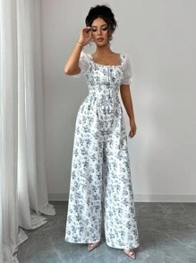 Rafferiza 女士优雅花卉雪纺拼布褶饰连体裤 - 藍色 - 查看 6