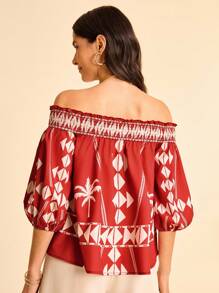 CAJUNI Blus Wanita Modis dengan Motif Geometris, Model Bahu Terbuka, dan Lengan Lentera - Merah - View 2