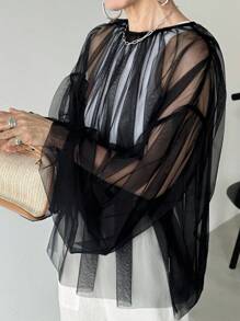 FRIFUL 女式黑色纯色圆领灯笼袖透明网眼面料多层宽松休闲百搭衬衫，适合度假、郊游、机场旅行 - 黑色 - 查看 4