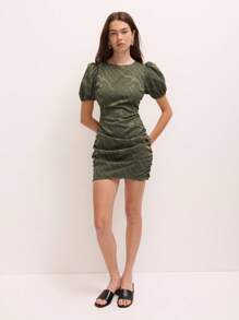Nöista Nöista Mini Dress With Textured Swirl Pattern, Puff Sleeves, And A Bodycon Ruched Silhouette. Perfect For Making A Statement At Parties, Nights Out, Or Any Special Occasion.
