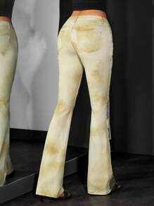 Jeanoix Jeans de campana con estampado de flores, llamas y corazones en degradado, moda versátil y personalizada para mujer