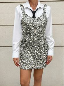 Siren Gaze Beads And Sequins Dresses For Wedding Guest Christmas Clothes Fall Dresses For Women Suspender Sequined Black And Silver Double-Layer Knitted Micro-Elastic Zipper Skirt Old Money Style Back To School Teacher Outfits For Women Winter Clothes For Women Autumn Clothes  Women Mini Dresses