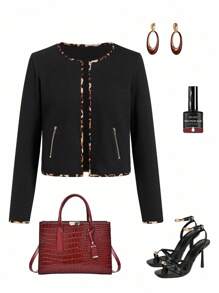 Gownix Contrast Leopard Print Trim Elegant Jacket, Suitable For Everyday Wear In Fall/Winter,Winter Clothes For Women - Black - View 1