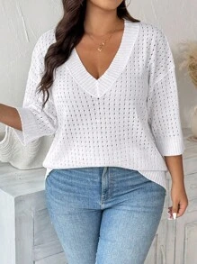 EMERY ROSE 大码镂空V领休闲度假针织套头衫秋冬款 - 白色 - 查看 3