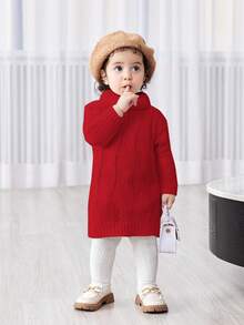 SHEIN Babygirl 可爱扭纹白色高领休闲连衣裙，秋冬 - 紅色 - 查看 5