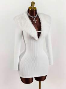 Amplova 女式纯色人造毛皮拼布高领长袖修身迷你连衣裙 - 白色 - 查看 6