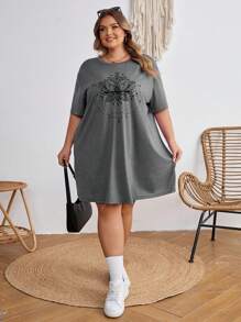 SHEIN CURVE+ Áo thun lễ hội âm nhạc cỡ lớn, Đầm tay ngắn cổ tròn màu trơn đơn giản và thoải mái cỡ lớn, thích hợp mặc vào mùa hè - Xám - Xem 6