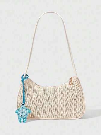 Fairycore حقيبة شاطئ بتصميم بوهيمي، قطعة واحدة، حقيبة حمل شبكية مجوفة للنساء، مناسبة للعطلات، تأتي مع حلية للحقيبة وديكور زهور استوائية