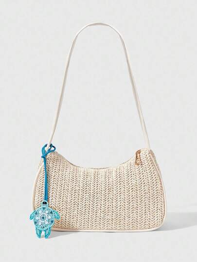 Fairycore 1pc Bohemian Style Beach Bag, Hollow Out Net Tote Bag For Women, Suitable For Vacation, Comes With Bag Charm & Tropical Flower Decor