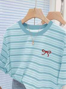 女款T恤/蝴蝶结图案印花/蓝色、浅蓝色条纹格子大码T恤/刺绣工艺/女士休闲超宽松圆领上衣/春夏 - 彩色 - 查看 3