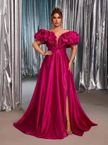 Glamrae 大码优雅浪漫紫红色露肩泡泡袖夸张设计婚纱，高开衩，A 字廓形，适合婚礼、派对、毕业典礼、正式晚礼服 - 玫紅色 - 查看 7