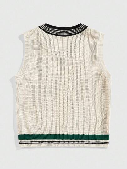 Street Life Men's Casual V-Neck College Striped Knit Vest With Letter Embroidery
