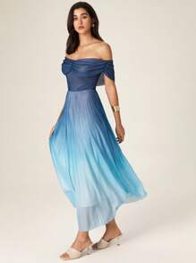 Modelyn French Style Off Shoulder Ruched Waist Slim Fit Pleated Dress For Women - Blue - View 7