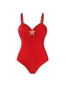 Swim Oasis Plus Size Women's Premium Oasis 2-Piece Red V-Neck Ruched Fitted Swimsuit With Matching Red High Slit Maxi Skirt, Summer Beach Vacation - Red - View 4