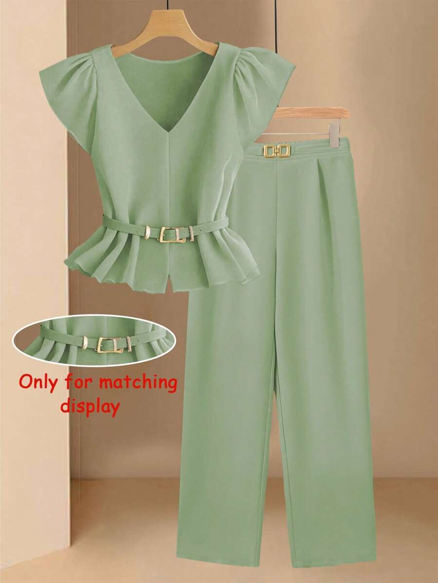 GlowEve Women's Solid Color V-Neck Cap Sleeve Shirt And Pants Elegant Suit - Green - View 1