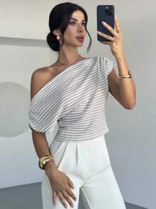 Firerie 女式纹理条纹不对称不对称领口蝙蝠袖T恤上衣，条纹女式衬衫，适合春夏秋季通勤优雅休闲日常工作穿着 - 杏色 - 查看 5