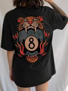 INAWLY 大码女式休闲动物印花宽松圆领落肩T恤 - 黑色 - 查看 1