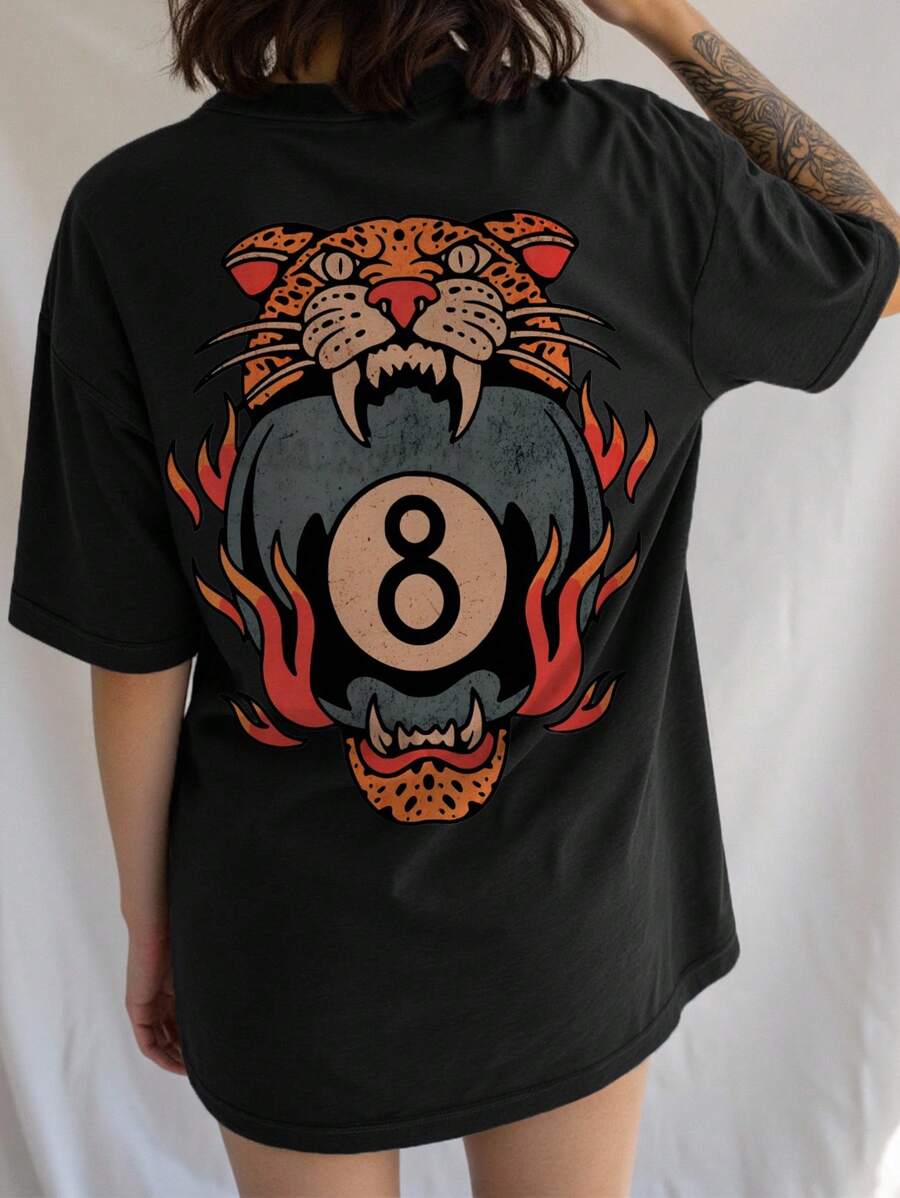 INAWLY 大码女式休闲动物印花宽松圆领落肩T恤 - 黑色 - 查看 1