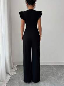 Rafferiza Front Zip Closure, Flutter Sleeves, Metal Buttons, Jumpsuit - Black - View 2