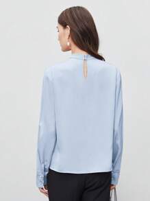 BizChic Top Feminina com Gola Alta Pequena, Design Assimétrico, Decoração Plissada, Ajuste Solto, Top de Manga Longa, Elegante Minimalista Casual para Ir ao Trabalho, Encontro, Uso Diário, Férias, Dia da Independência, Temporada de Formatura, Festival de Música, Emagrecedor, Elegante, Versátil, Premium, Verão, Social, Feriado, Festa, Passeio, Praia, Escritório, Vintage Francês, Fresco - Azul Empoeirado - Visão 2