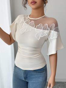 Elenzga Women's Applique Decor Mesh Patchwork Ruffle Sleeve Fashionable Pleated T-Shirt - Apricot - View 3