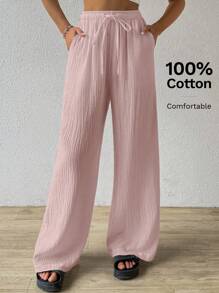 SHEIN EZwear 夏季纯色纹理褶皱面料宽松抽绳腰系带纯棉休闲度假阔腿裤，加大码 - 淺粉色 - 查看 1