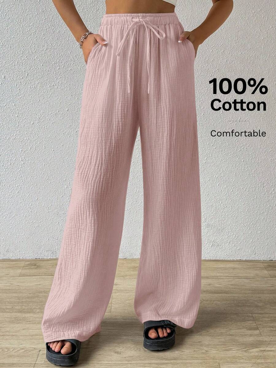 SHEIN EZwear 夏季纯色纹理褶皱面料宽松抽绳腰系带纯棉休闲度假阔腿裤，加大码 - 淺粉色 - 查看 1
