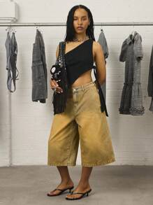 COUREZ 低腰牛仔短裤，黄色水洗/Y2K低腰牛仔裤，外出穿搭，街头风，棉质，复古，秋季女装，秋季服装，度假穿搭 - 芥末黃 - 查看 2
