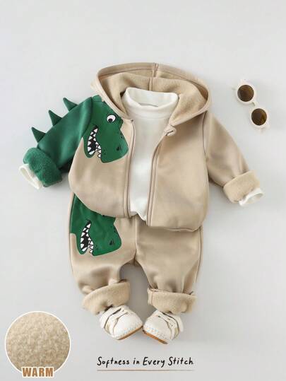 Cozy Pixies 1. Toddler Boy Cartoon Dinosaur Graphic Hooded Zip-Up Jacket And Elastic Waist Pants 2Pcs Outfit, Comfortable Casual Basic Set Suitable For Indoor, Outdoor, Daily Wear, Sports, Party, Festival, Halloween, Christmas, New Year, Back To School, Valentine's Day And More Occasions In Autumn/Winter Season.