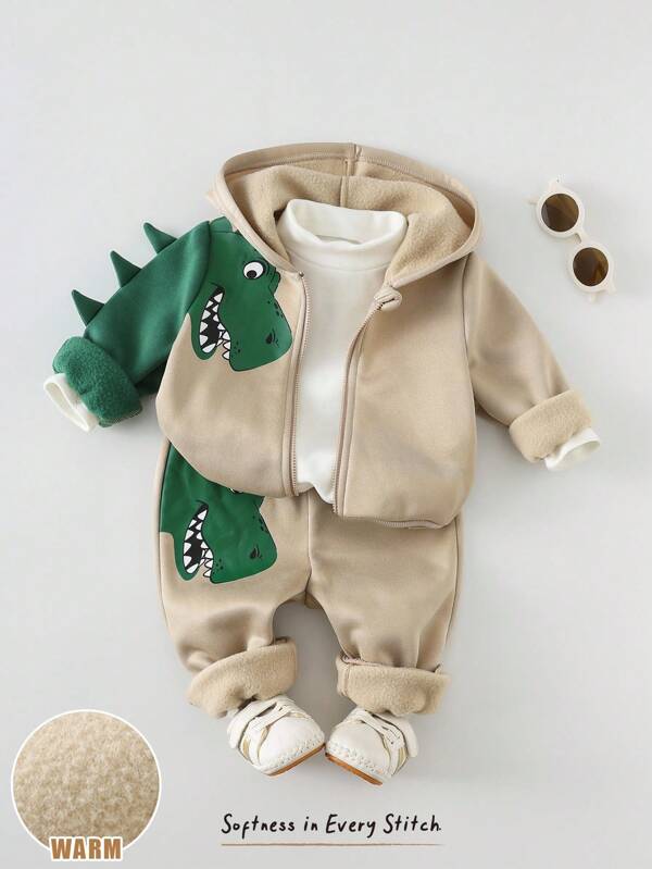 Cozy Pixies 2pcs Baby Boy Cartoon Dinosaur Print Hooded Jacket And Elastic Waist Jogger Pants Set Baby Boy Dinosaur Clothes Baby Boy Tracksuit Baby Suit Newborn Zipper Suit Baby Boy Fall Outfit