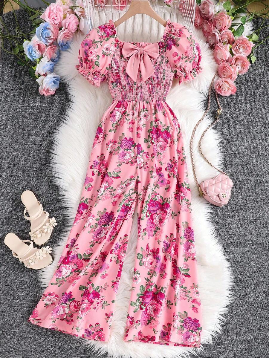 Sparklyn Girls' Allover Print Jumpsuit With Square Collar And Puff Sleeves, Summer Vacation Style - Pink - View 1