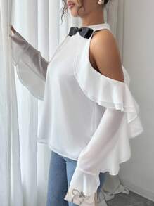 Elenzga Blusa de mujer con volantes y lazo en los hombros, de manga larga - Blanco - Ver 3
