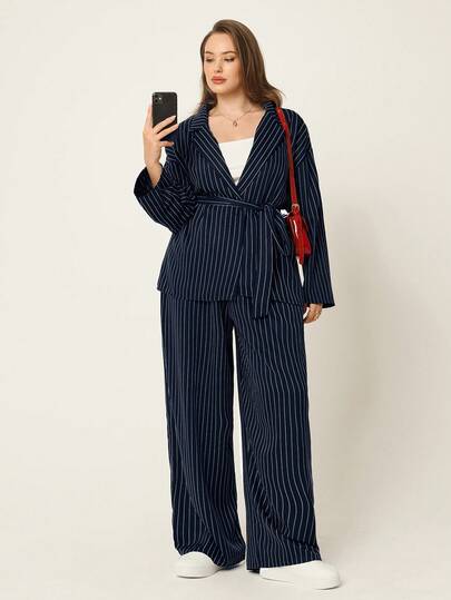 Auralis 大码女式条纹翻领长袖夹克和裤子休闲西装套装