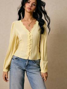 Poéselle Blouses jaunes, Blouse à boutons avec garniture en dentelle - Chemise vintage jaune pâle à manches bouffantes, Blouse décontractée à manches longues de couleur unie pour femmes, Blouse jaune col V avec garniture en dentelle, Vêtements d'automne pour femmes