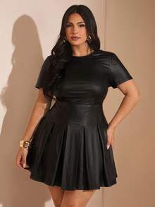 SHEIN BAE 大码女装、曲线服装、夏季海滩度假服装、约会、外出、音乐节、乡村音乐节、派对聚会、节日服装、演唱会服装、狂欢派对服装、节日服装、INS 风格服装、卡其色西装裤、办公室服装、通勤服装、工作服、短袖迷你连衣裙、女士生日连衣裙、女士太阳裙、PU 连衣裙 - 黑色 - 查看 7