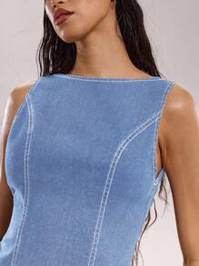 SHEIN BAE Áo denim hở lưng không tay gợi cảm cho nữ, mùa hè - Rửa nhẹ - Xem 7