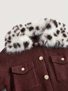 SHEIN MOD 卡其棕色拼布豹纹毛领优雅秋冬开衫 - 棕色 - 查看 11