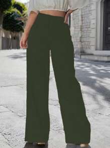 SHEIN LUNE 女士纯色褶皱阔腿宽松休闲裤 - 墨綠色 - 查看 5