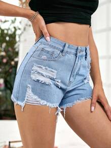 SHEIN EZwear 女式口袋做旧磨边休闲百搭牛仔短裤 - 淺色水洗藍 - 查看 4