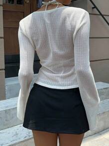 Siren Gaze Old Money Style White Mesh Metal Button See-Through Trumpet Sleeve Cardigan Button Up Shirt Women  Back To School Fall Women Clothes Women's Solid Color Sheer Metal Decor Hollow Long Sleeve T-Shirt