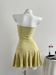 Elamini 提花面料搭配金属海星装饰，露背荷叶边下摆拼接迷你连衣裙，优雅性感可爱，适合度假、休闲、派对、日常、约会、复古、夏季 - 黃色 - 查看 2