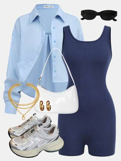 Girlism 青少年女孩两件套纯色基础落肩短衬衫、长袖上衣和大 U 领紧身纯色连体裤两件套，适合家庭户外日常穿着，适合各种场合，返校，干净的女孩