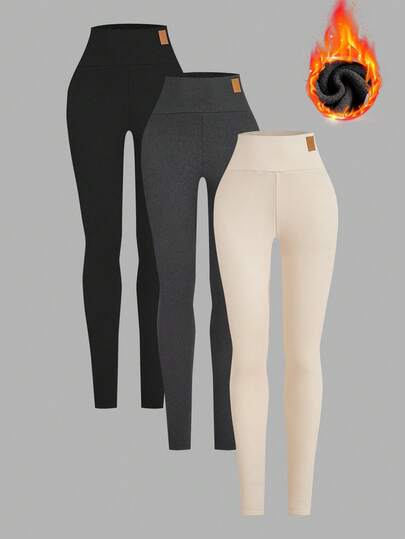 SHEIN EZwear 加大码纯色贴花高腰紧身羊毛打底裤，秋冬时尚