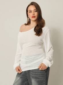 Auralis Plus Size Fall Women Clothes Teacher For Women ,Business Casual Woman, Women's Solid Color Pleated Asymmetrical Shoulder White See, Through Casual Long Sleeved T-Shirt, Back To School, Y2k, Cute Tops, Going Out Tops Women, Office For Women,Y2k Clothes, Gym Tops, Work For Women, Work Clothes Women, Streetwear, White For Women, Basic Tops, Oversized Women T Shirts, Teacher ,Tops For School, Airport For Women Casual Top