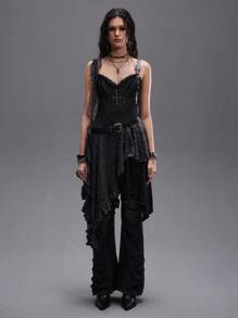 ROMWE EDITION 做旧 Y2K 复古哥特十字串珠拼接不对称下摆女式连衣裙（配腰带） - 黑色 - 查看 4