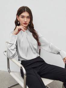 BizChic 女式不对称设计褶饰宽松立领长袖上衣，基本款简约优雅商务休闲装，适合城市通勤，适合教师、办公室、婚礼、音乐会