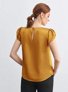 BizChic Women's Solid Color Round Neck Pleated Decor Batwing Sleeve Loose Short Sleeve Blouse, Elegant Office Casual Shirt, Basic Top For Women - Yellow - View 2